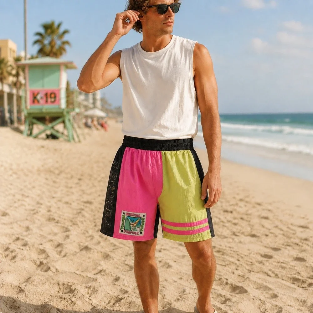 Vintage 80s Bermuda Triangle Surf Swim Shorts Mens L Neon Colorblock Nylon
